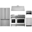 Stainless steel Thor Kitchen appliance package with 48-inch range, range hood, counter-depth refrigerator, dishwasher, microwave drawer