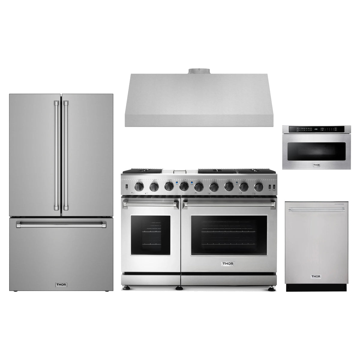 Thor Kitchen 5-Piece Appliance Package - 48-Inch Natural Gas Range, Counter-Depth Refrigerator, Under Cabinet Hood, Dishwasher, & Microwave Drawer in Stainless Steel