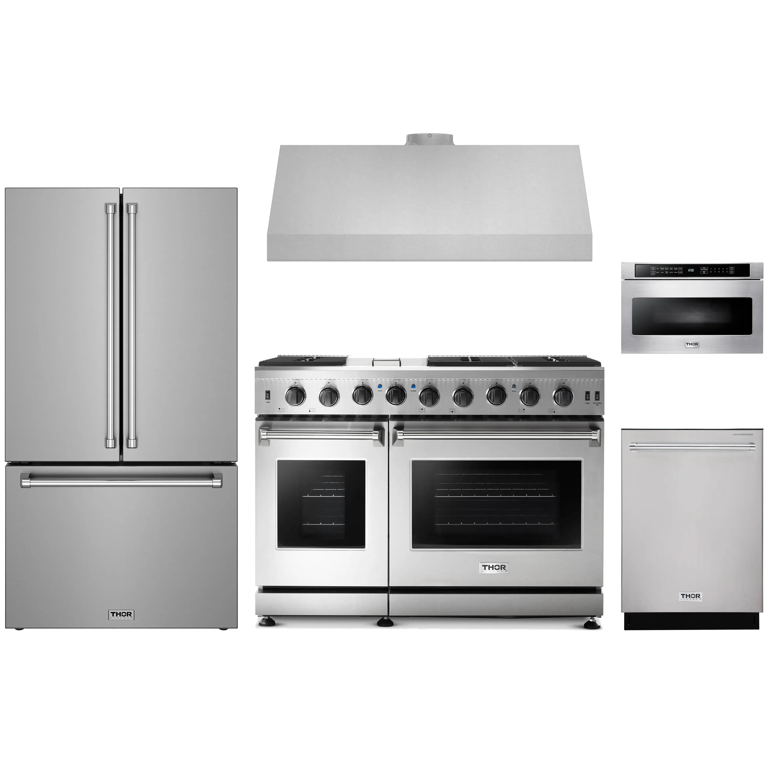 Stainless steel appliance package featuring a 48-inch propane gas range with hood and dishwasher