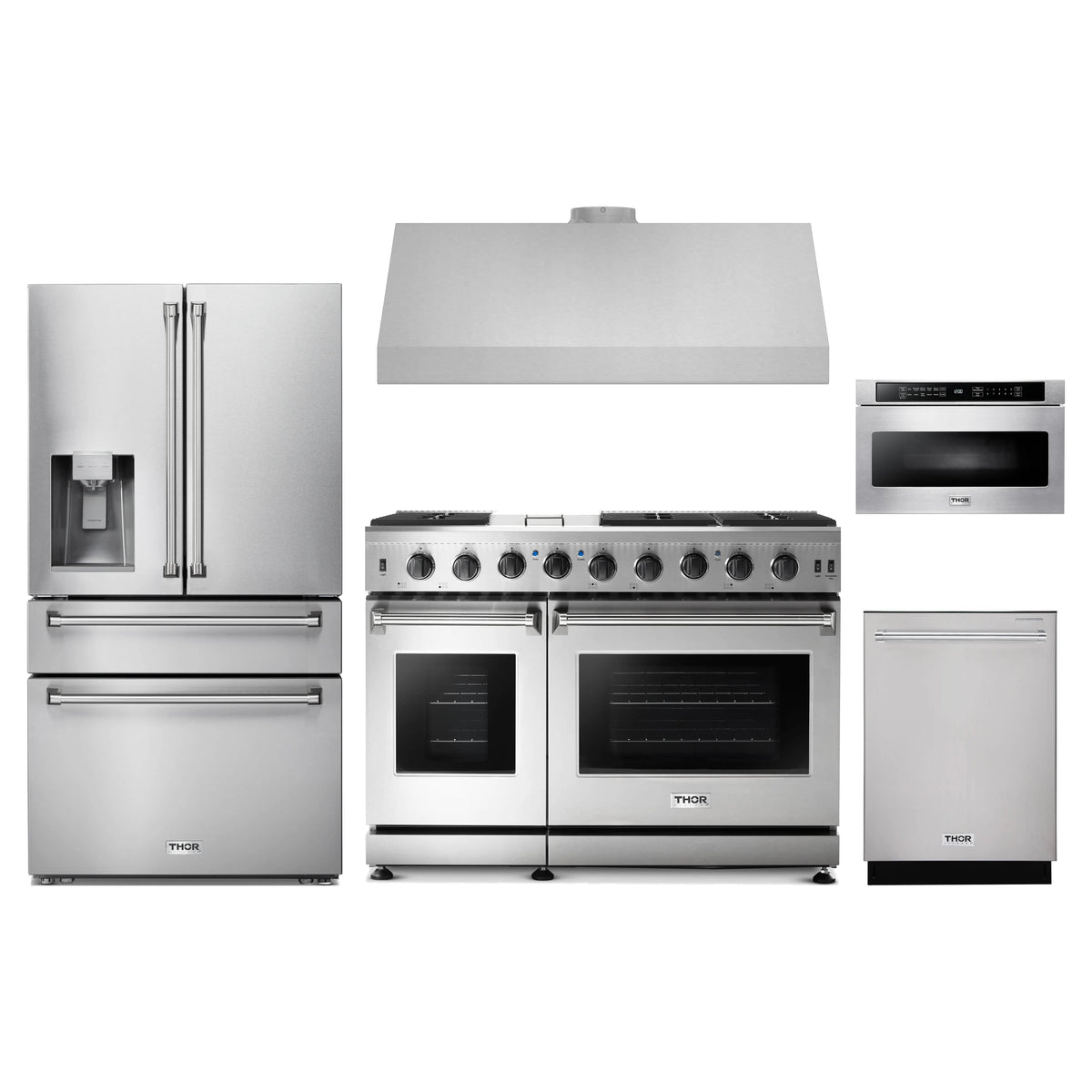 Thor Kitchen 5-Piece Appliance Package - 48-Inch Natural Gas Range, Refrigerator with Water Dispenser, Under Cabinet Hood, Dishwasher, & Microwave Drawer in Stainless Steel