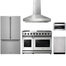 Stainless steel Thor Kitchen appliance package with 48-inch range, range hood, counter-depth refrigerator, dishwasher, microwave drawer