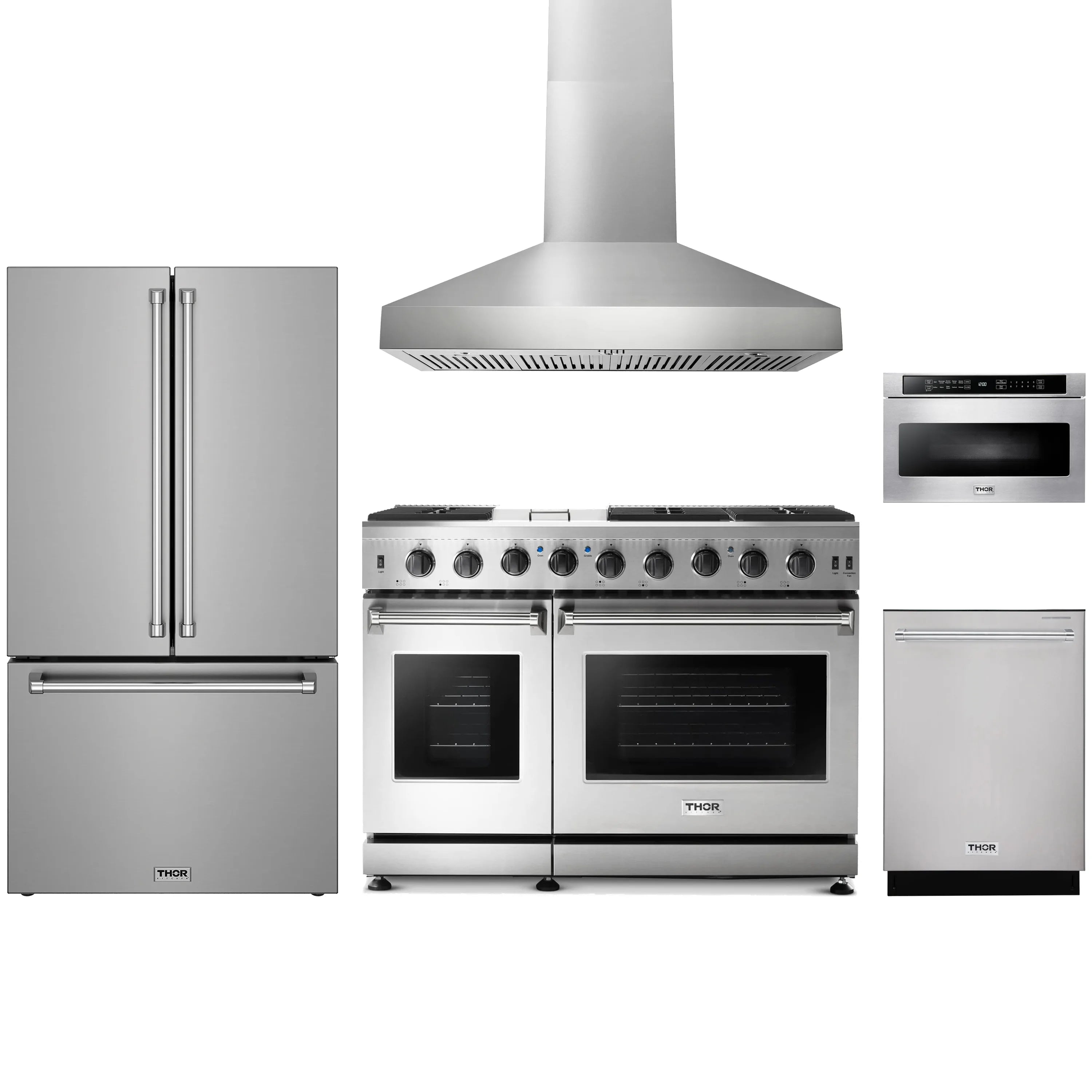 Stainless steel 5-piece appliance package with gas range, hood, refrigerator, dishwasher