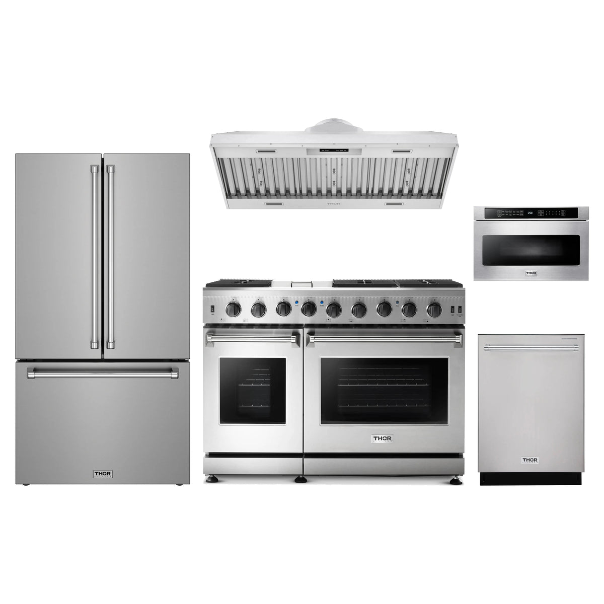 Thor Kitchen 5-Piece Appliance Package - 48-Inch Propane Gas Range, Counter-Depth Refrigerator, Hood Insert, Dishwasher, & Microwave Drawer in Stainless Steel