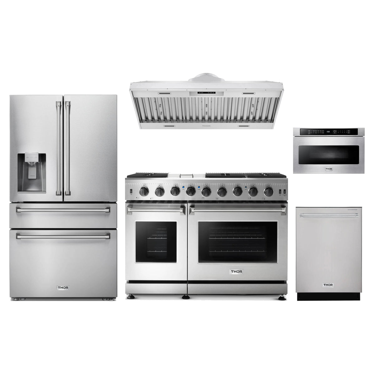 Thor Kitchen 5-Piece Appliance Package - 48-Inch Propane Gas Range, Refrigerator with Water Dispenser, Hood Insert, Dishwasher, & Microwave Drawer in Stainless Steel