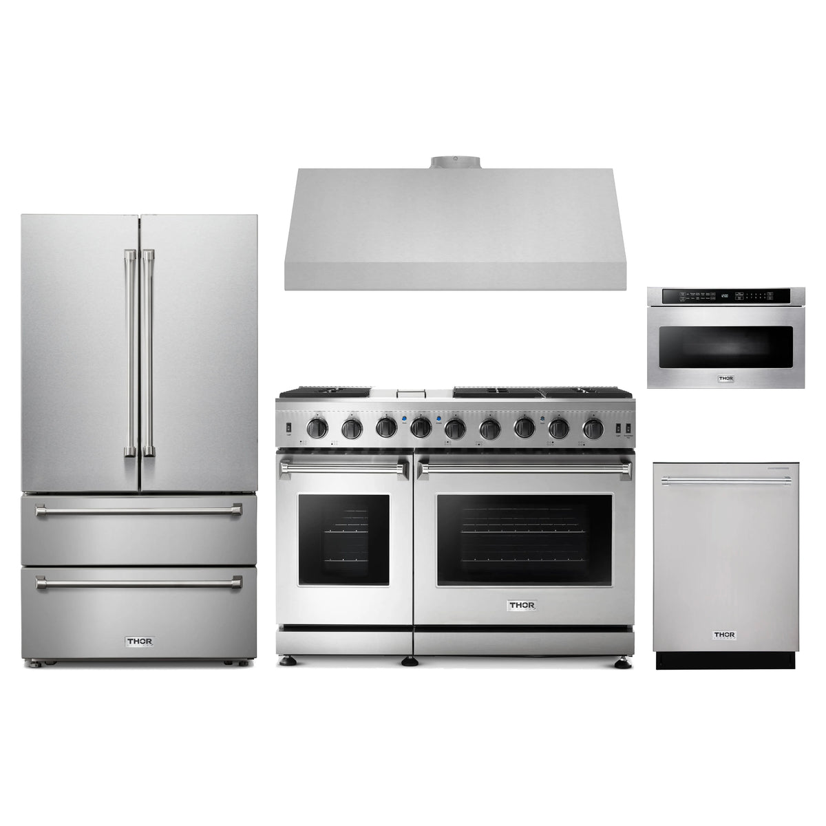 Thor Kitchen 5-Piece Appliance Package - 48-Inch Propane Gas Range, French Door Refrigerator, Under Cabinet Hood, Dishwasher, & Microwave Drawer in Stainless Steel