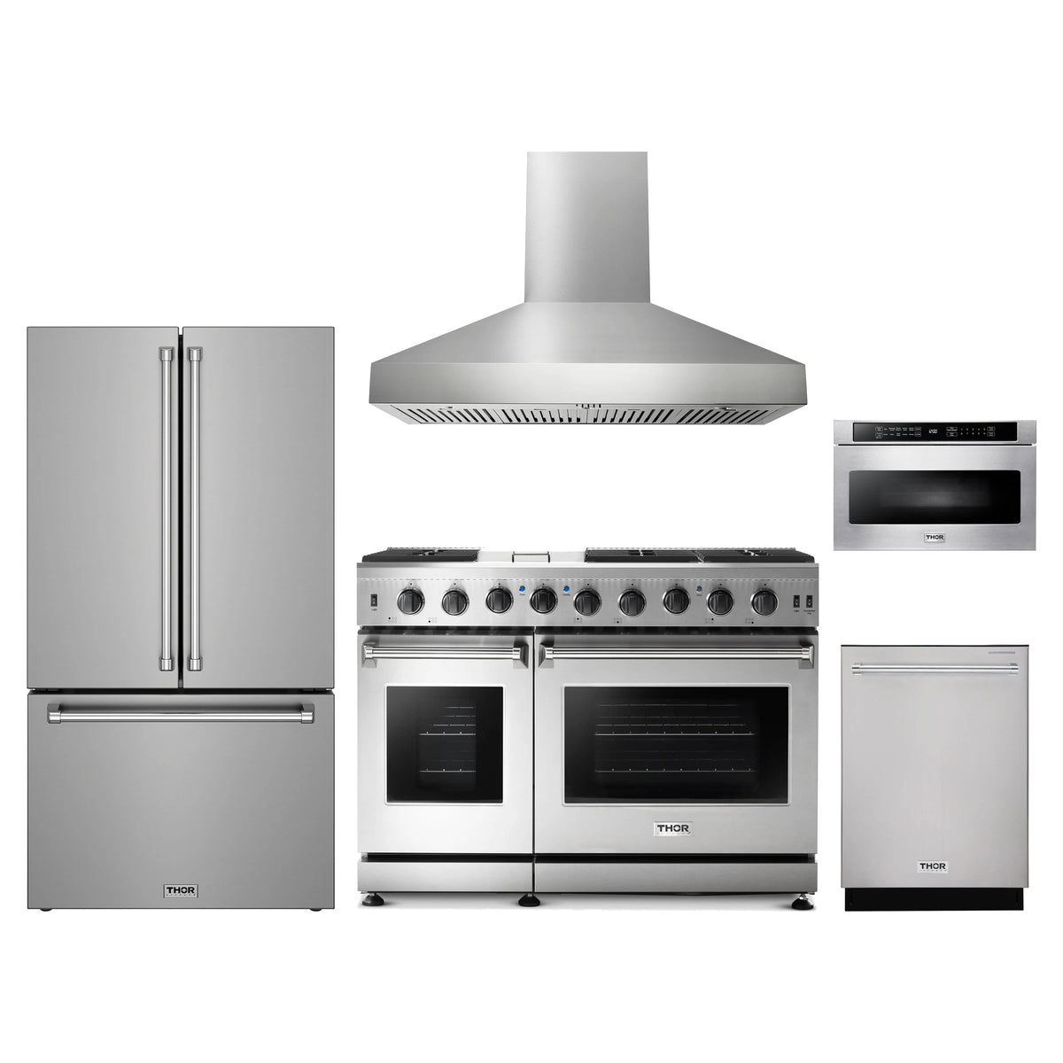 Thor Kitchen 5-Piece Appliance Package - 48-Inch Propane Gas Range, Counter-Depth Refrigerator, Wall Mount Hood, Dishwasher, & Microwave Drawer in Stainless Steel