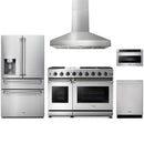 Stainless steel Thor Kitchen appliance package with 48-inch range, range hood, refrigerator with water dispenser, dishwasher, microwave drawer