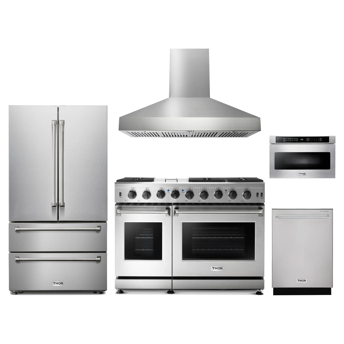 Thor Kitchen 5-Piece Appliance Package - 48-Inch Propane Gas Range, French Door Refrigerator, Wall Mount Hood, Dishwasher, & Microwave Drawer in Stainless Steel