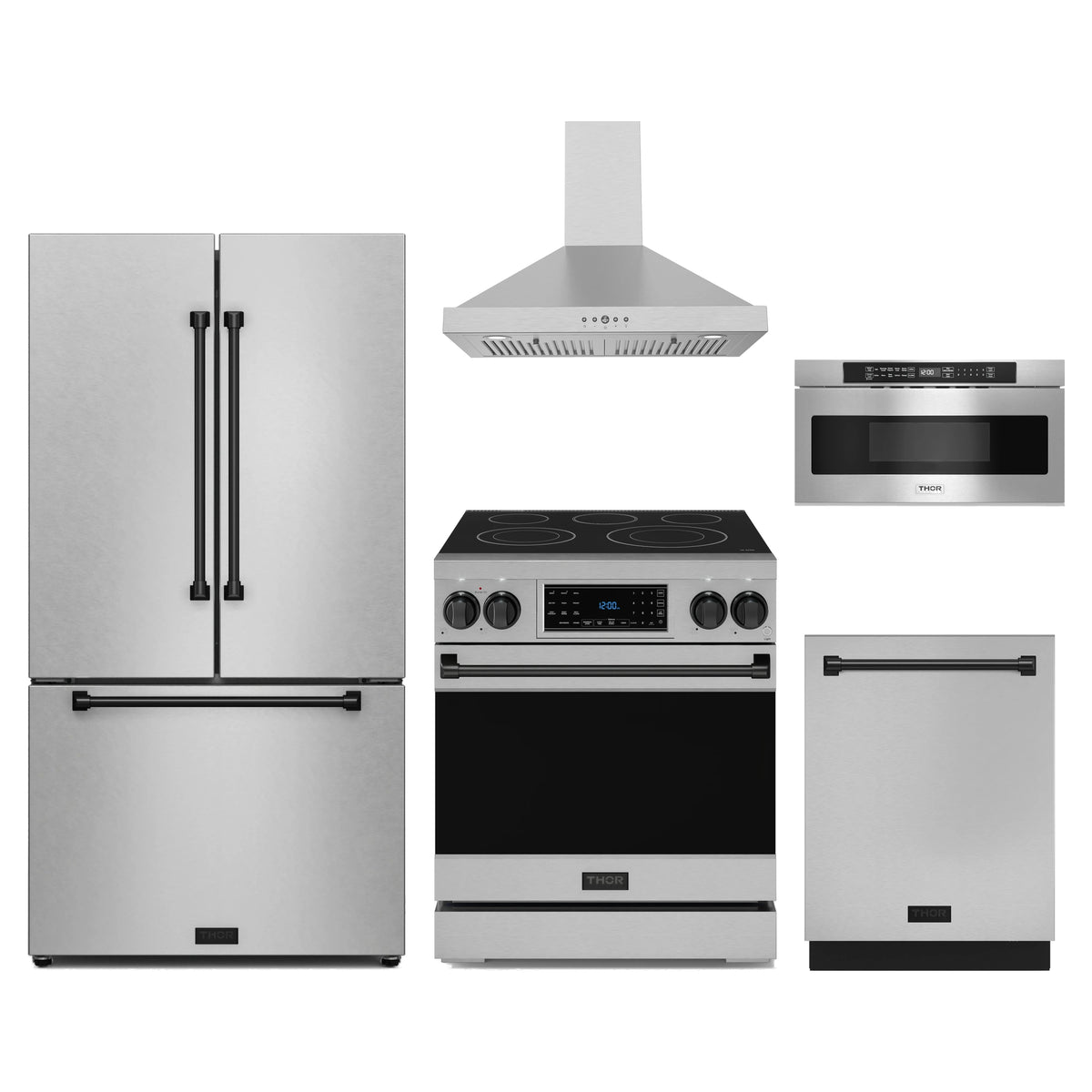 Gordon Ramsay by Thor Kitchen 5-Piece Appliance Package - 30-Inch Electric Range with Tilt Panel, Counter-Depth Refrigerator, Wall Mount Hood, Dishwasher, & Microwave Drawer in Stainless Steel with Black Trim
