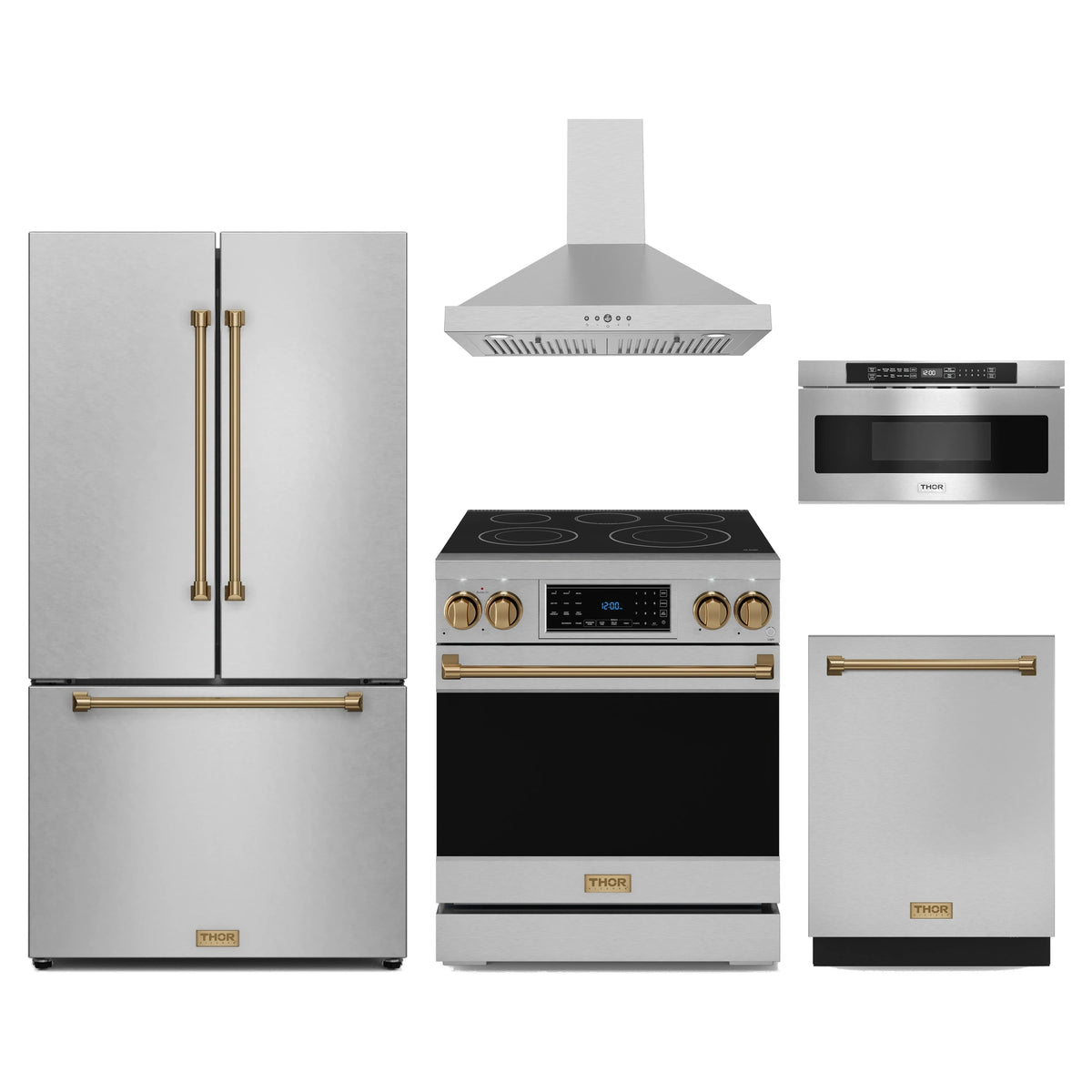 Gordon Ramsay by Thor Kitchen 5-Piece Appliance Package - 30-Inch Electric Range with Tilt Panel, Counter-Depth Refrigerator, Wall Mount Hood, Dishwasher, & Microwave Drawer in Stainless Steel with Bronze Trim