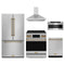 Gordon Ramsay by Thor Kitchen 5-Piece Appliance Package - 30-Inch Electric Range with Tilt Panel, Counter-Depth Refrigerator, Wall Mount Hood, Dishwasher, & Microwave Drawer in Stainless Steel with Bronze Trim