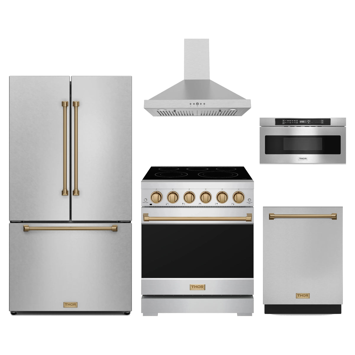 Gordon Ramsay by Thor Kitchen 5-Piece Appliance Package - 30-Inch Electric Range, Counter-Depth Refrigerator, Wall Mount Hood, Dishwasher, & Microwave Drawer in Stainless Steel with Bronze Trim
