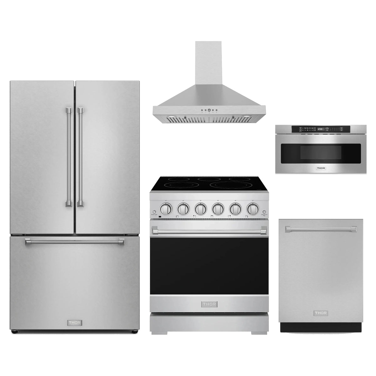 Gordon Ramsay by Thor Kitchen 5-Piece Appliance Package - 30-Inch Electric Range, Counter-Depth Refrigerator, Wall Mount Hood, Dishwasher, & Microwave Drawer in Stainless Steel