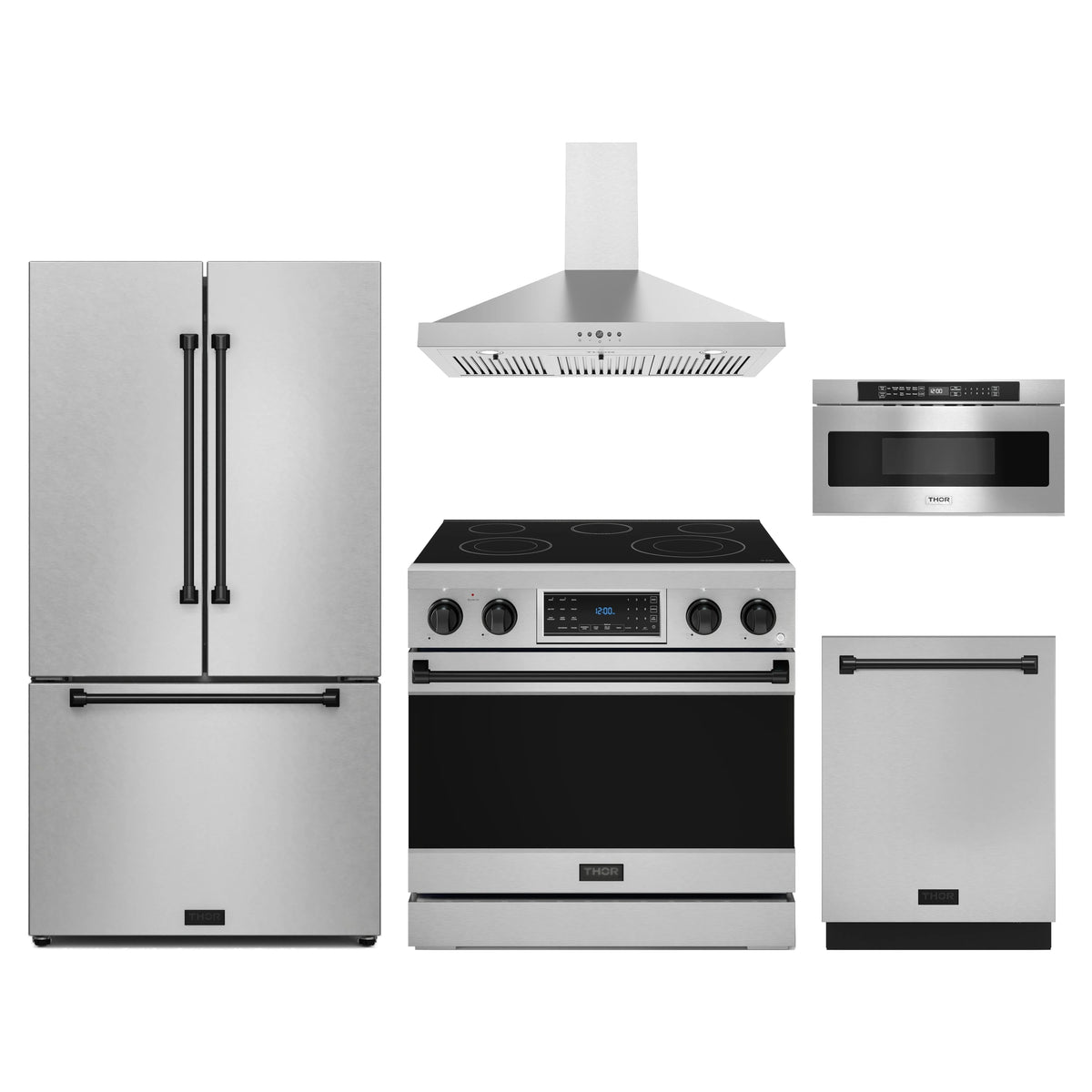 Gordon Ramsay by Thor Kitchen 5-Piece Appliance Package - 36-Inch Electric Range with Tilt Panel, Counter-Depth Refrigerator, Wall Mount Hood, Dishwasher, & Microwave Drawer in Stainless Steel with Black Trim