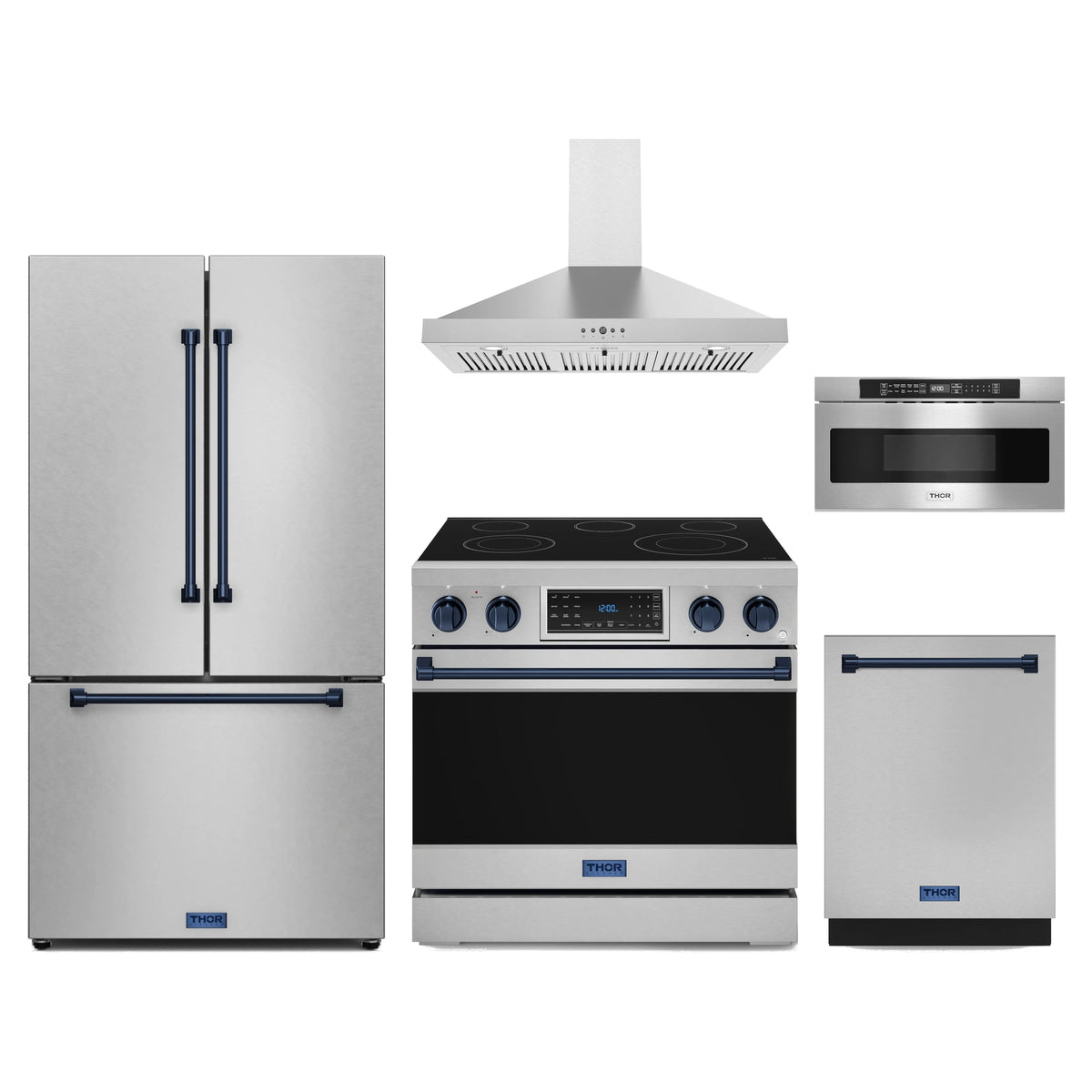 Gordon Ramsay by Thor Kitchen 5-Piece Appliance Package - 36-Inch Electric Range with Tilt Panel, Counter-Depth Refrigerator, Wall Mount Hood, Dishwasher, & Microwave Drawer in Stainless Steel with Blue Trim