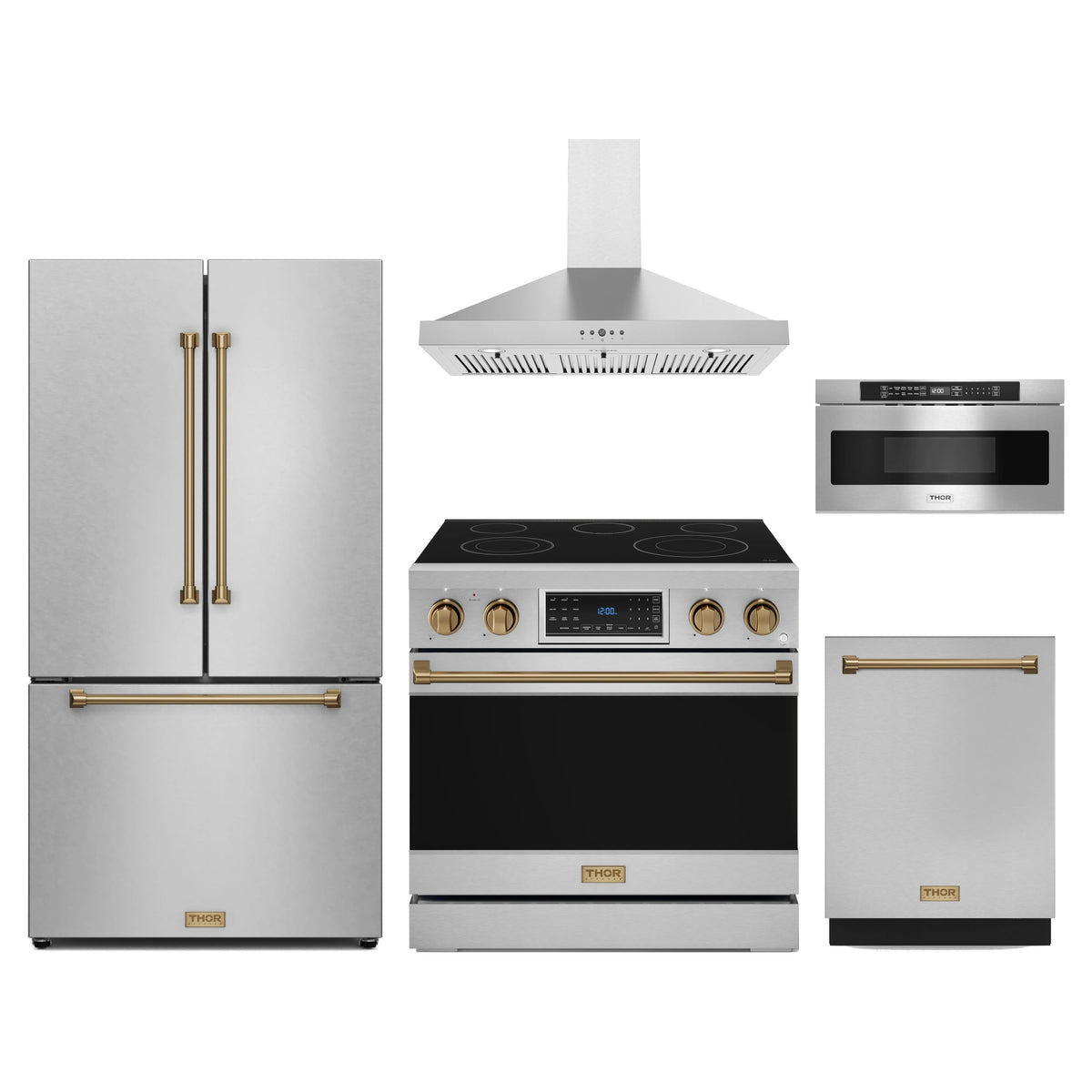 Gordon Ramsay by Thor Kitchen 5-Piece Appliance Package - 36-Inch Electric Range with Tilt Panel, Counter-Depth Refrigerator, Wall Mount Hood, Dishwasher, & Microwave Drawer in Stainless Steel with Bronze Trim