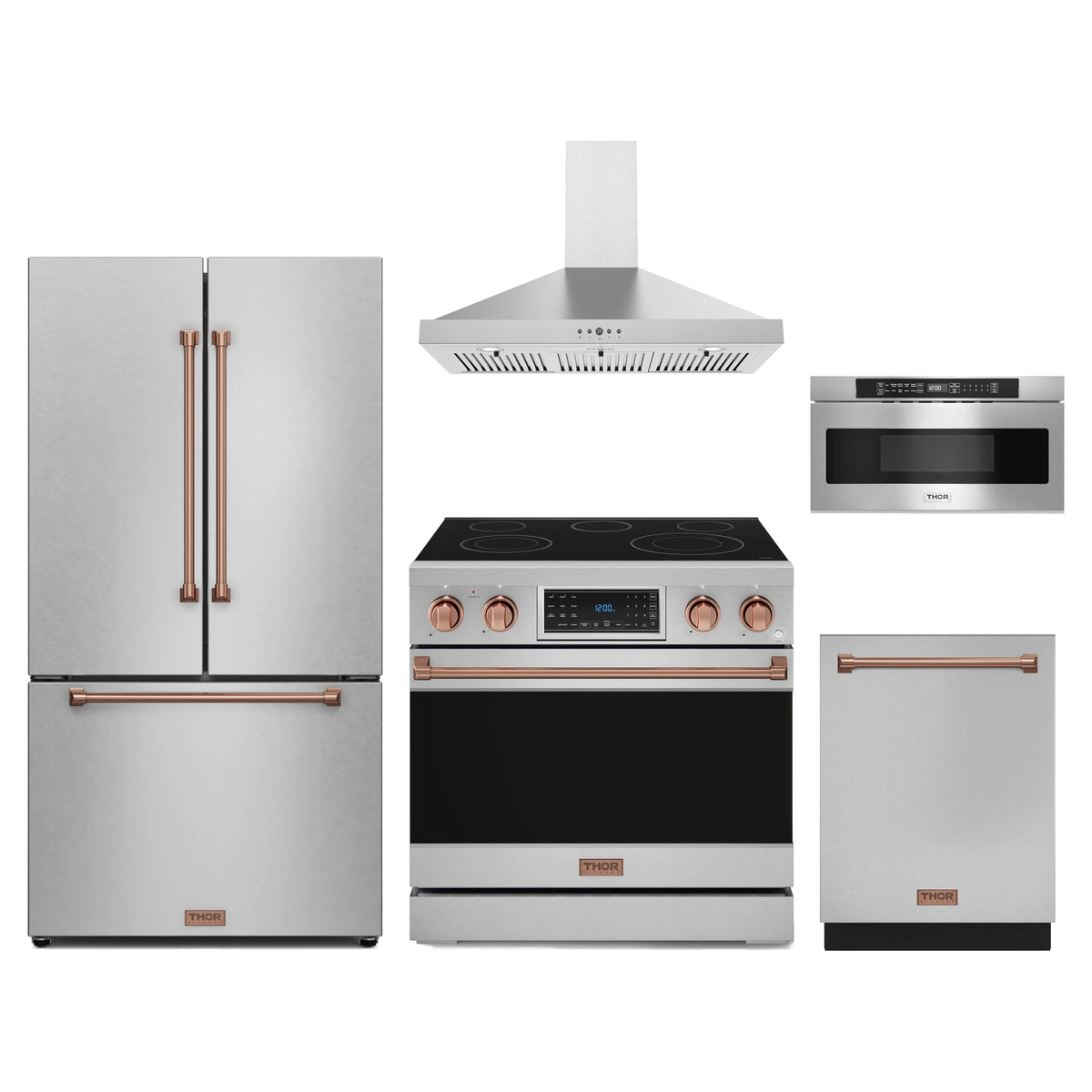 Gordon Ramsay by Thor Kitchen 5-Piece Appliance Package - 36-Inch Electric Range with Tilt Panel, Counter-Depth Refrigerator, Wall Mount Hood, Dishwasher, & Microwave Drawer in Stainless Steel with Rose Gold Trim