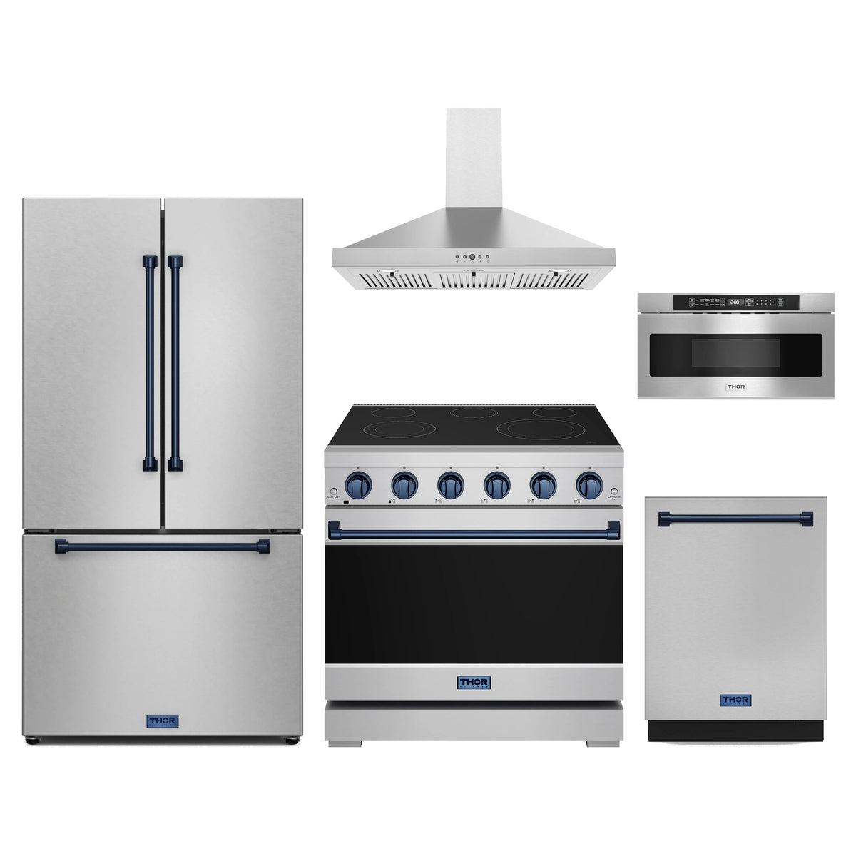 Gordon Ramsay by Thor Kitchen 5-Piece Appliance Package - 36-Inch Electric Range, Counter-Depth Refrigerator, Wall Mount Hood, Dishwasher, & Microwave Drawer in Stainless Steel with Blue Trim