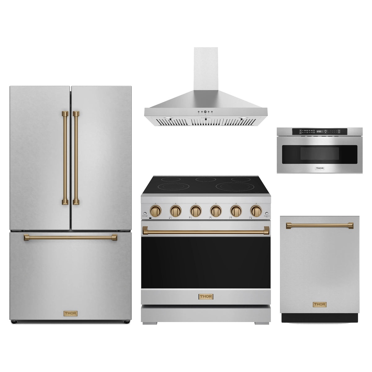 Gordon Ramsay by Thor Kitchen 5-Piece Appliance Package - 36-Inch Electric Range, Counter-Depth Refrigerator, Wall Mount Hood, Dishwasher, & Microwave Drawer in Stainless Steel with Bronze Trim