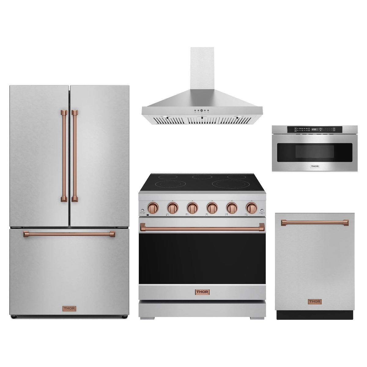 Gordon Ramsay by Thor Kitchen 5-Piece Appliance Package - 36-Inch Electric Range, Counter-Depth Refrigerator, Wall Mount Hood, Dishwasher, & Microwave Drawer in Stainless Steel with Rose Gold Trim