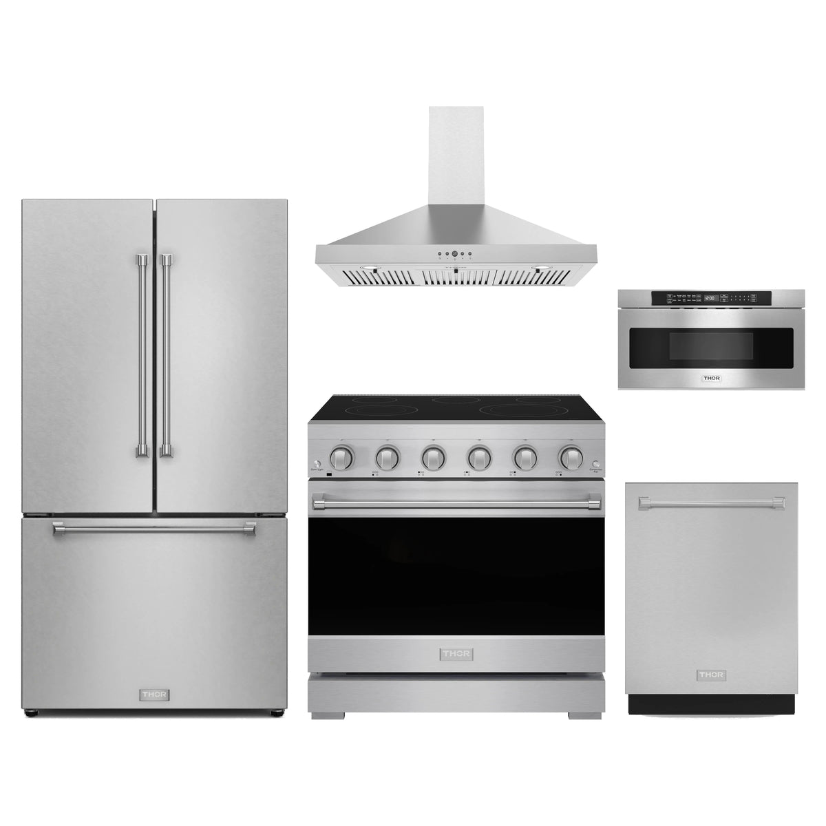 Gordon Ramsay by Thor Kitchen 5-Piece Appliance Package - 36-Inch Electric Range, Counter-Depth Refrigerator, Wall Mount Hood, Dishwasher, & Microwave Drawer in Stainless Steel