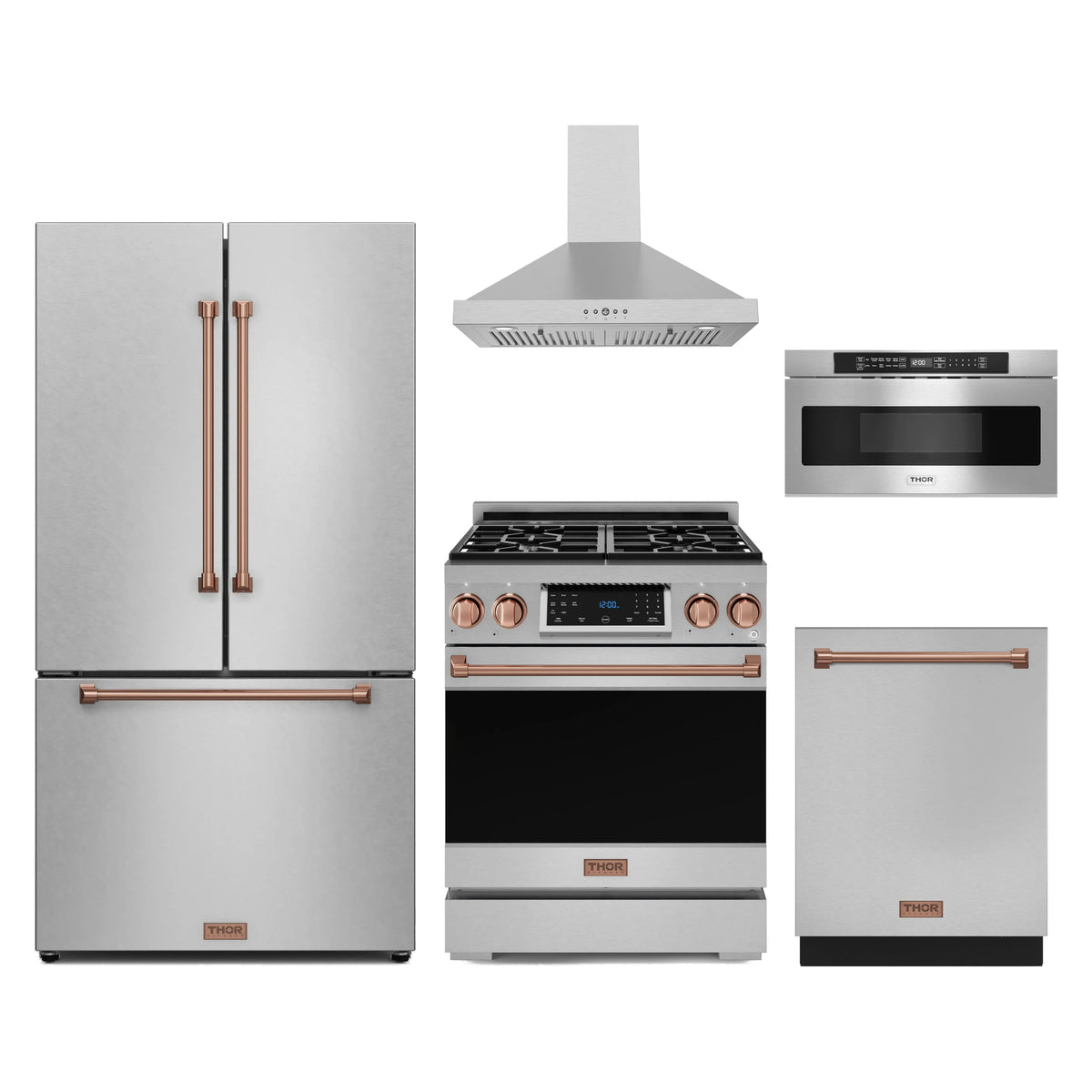 Gordon Ramsay by Thor Kitchen 5-Piece Appliance Package - 30-Inch Propane Gas Range with Tilt Panel, Counter-Depth Refrigerator, Wall Mount Hood, Dishwasher, & Microwave Drawer in Stainless Steel with Rose Gold Trim