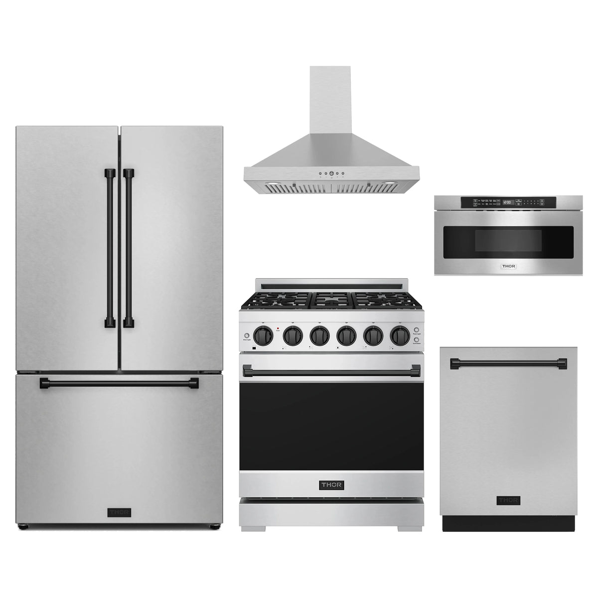 Gordon Ramsay by Thor Kitchen 5-Piece Appliance Package - 30-Inch Natural Gas Range, Counter-Depth Refrigerator, Wall Mount Hood, Dishwasher, & Microwave Drawer in Stainless Steel with Black Trim