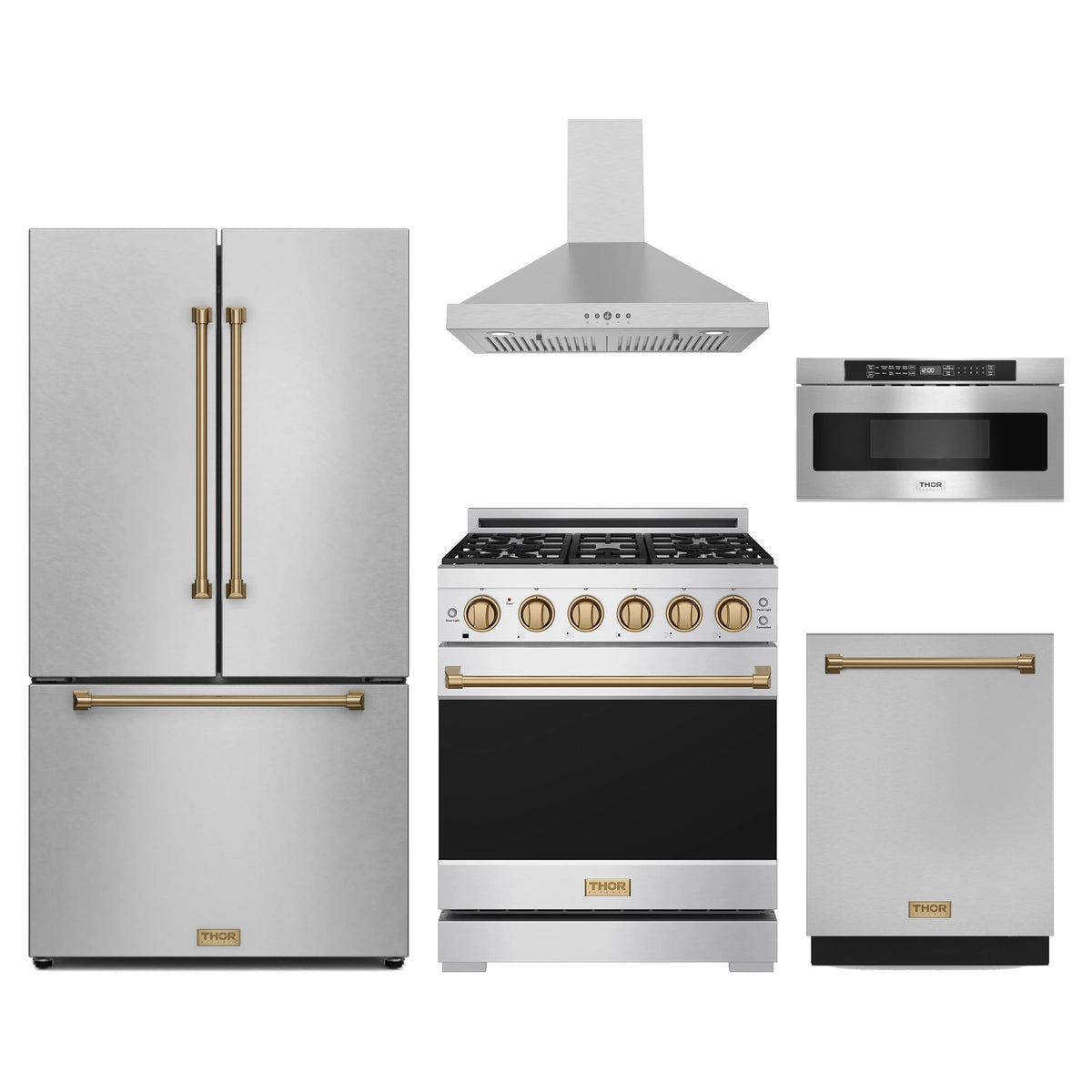 Gordon Ramsay by Thor Kitchen 5-Piece Appliance Package - 30-Inch Natural Gas Range, Counter-Depth Refrigerator, Wall Mount Hood, Dishwasher, & Microwave Drawer in Stainless Steel with Bronze Trim