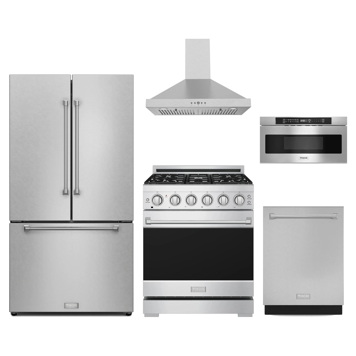 Gordon Ramsay by Thor Kitchen 5-Piece Appliance Package - 30-Inch Propane Gas Range, Counter-Depth Refrigerator, Wall Mount Hood, Dishwasher, & Microwave Drawer in Stainless Steel