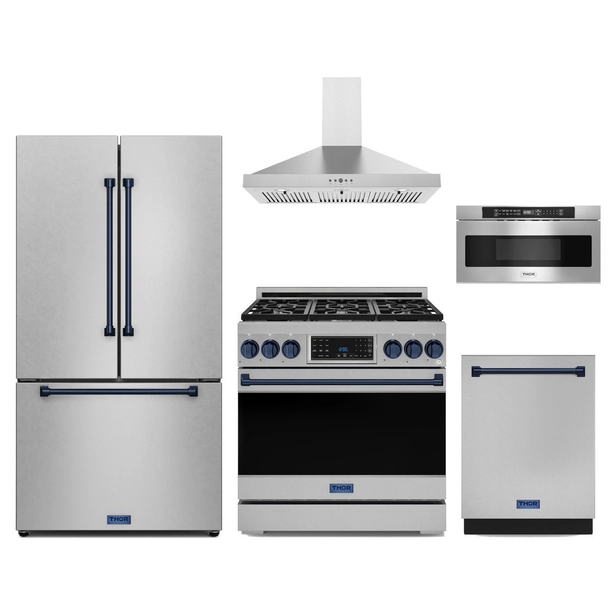 Gordon Ramsay by Thor Kitchen 5-Piece Appliance Package - 36-Inch Natural Gas Range with Tilt Panel, Counter-Depth Refrigerator, Wall Mount Hood, Dishwasher, & Microwave Drawer in Stainless Steel with Blue Trim