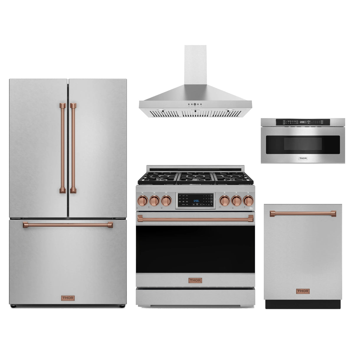 Gordon Ramsay by Thor Kitchen 5-Piece Appliance Package - 36-Inch Natural Gas Range with Tilt Panel, Counter-Depth Refrigerator, Wall Mount Hood, Dishwasher, & Microwave Drawer in Stainless Steel with Rose Gold Trim