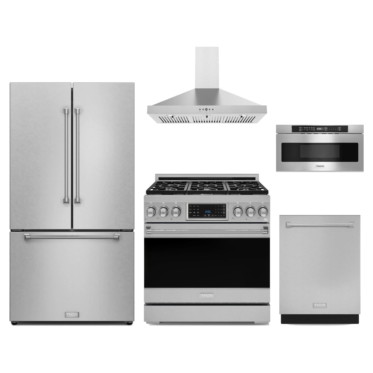 Gordon Ramsay by Thor Kitchen 5-Piece Appliance Package - 36-Inch Natural Gas Range with Tilt Panel, Counter-Depth Refrigerator, Wall Mount Hood, Dishwasher, & Microwave Drawer in Stainless Steel