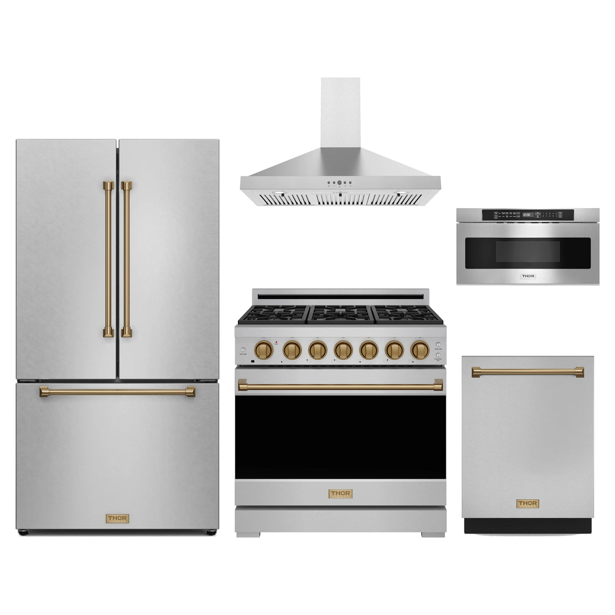 Gordon Ramsay by Thor Kitchen 5-Piece Appliance Package - 36-Inch Natural Gas Range, Counter-Depth Refrigerator, Wall Mount Hood, Dishwasher, & Microwave Drawer in Stainless Steel with Bronze Trim