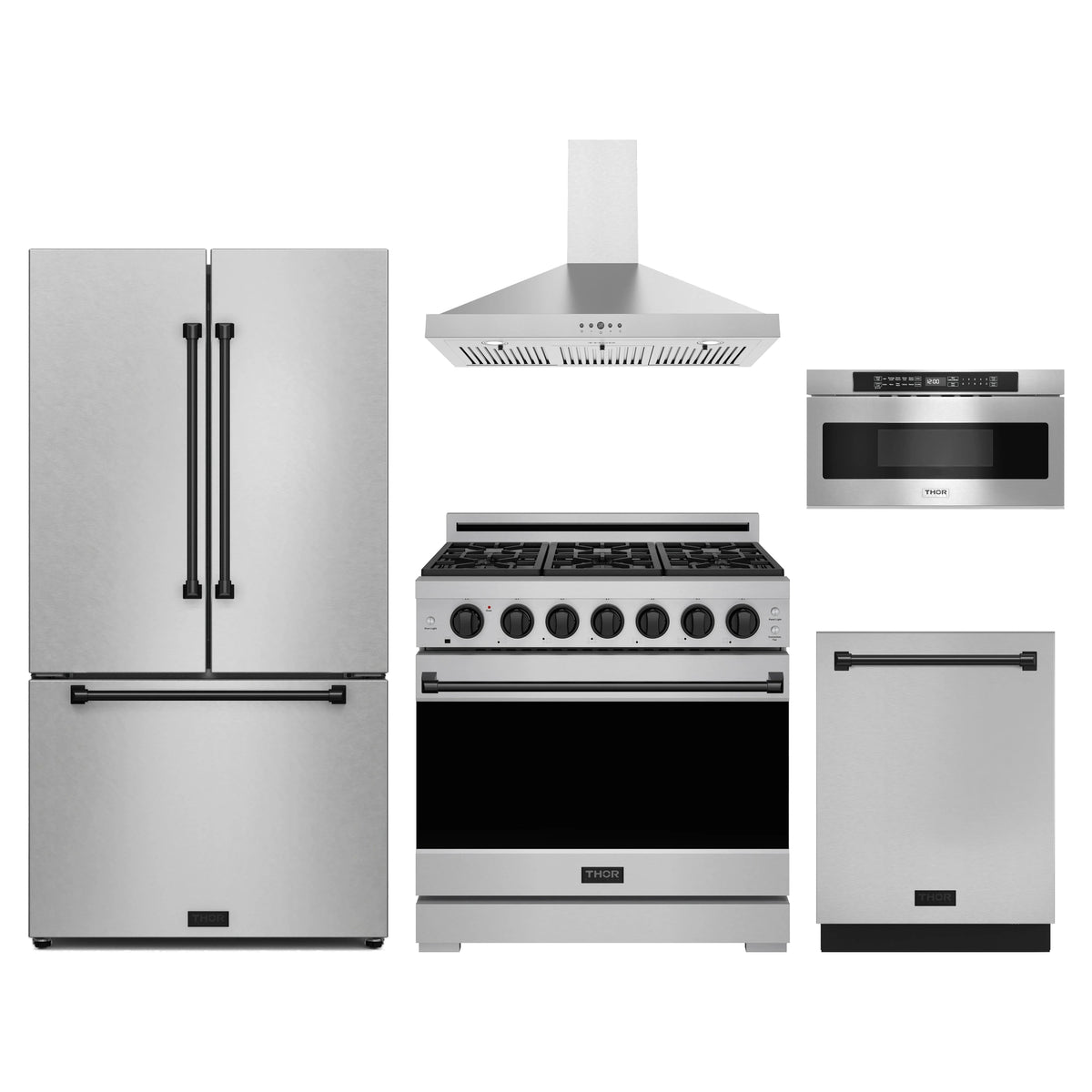 Gordon Ramsay by Thor Kitchen 5-Piece Appliance Package - 36-Inch Propane Gas Range, Counter-Depth Refrigerator, Wall Mount Hood, Dishwasher, & Microwave Drawer in Stainless Steel with Black Trim
