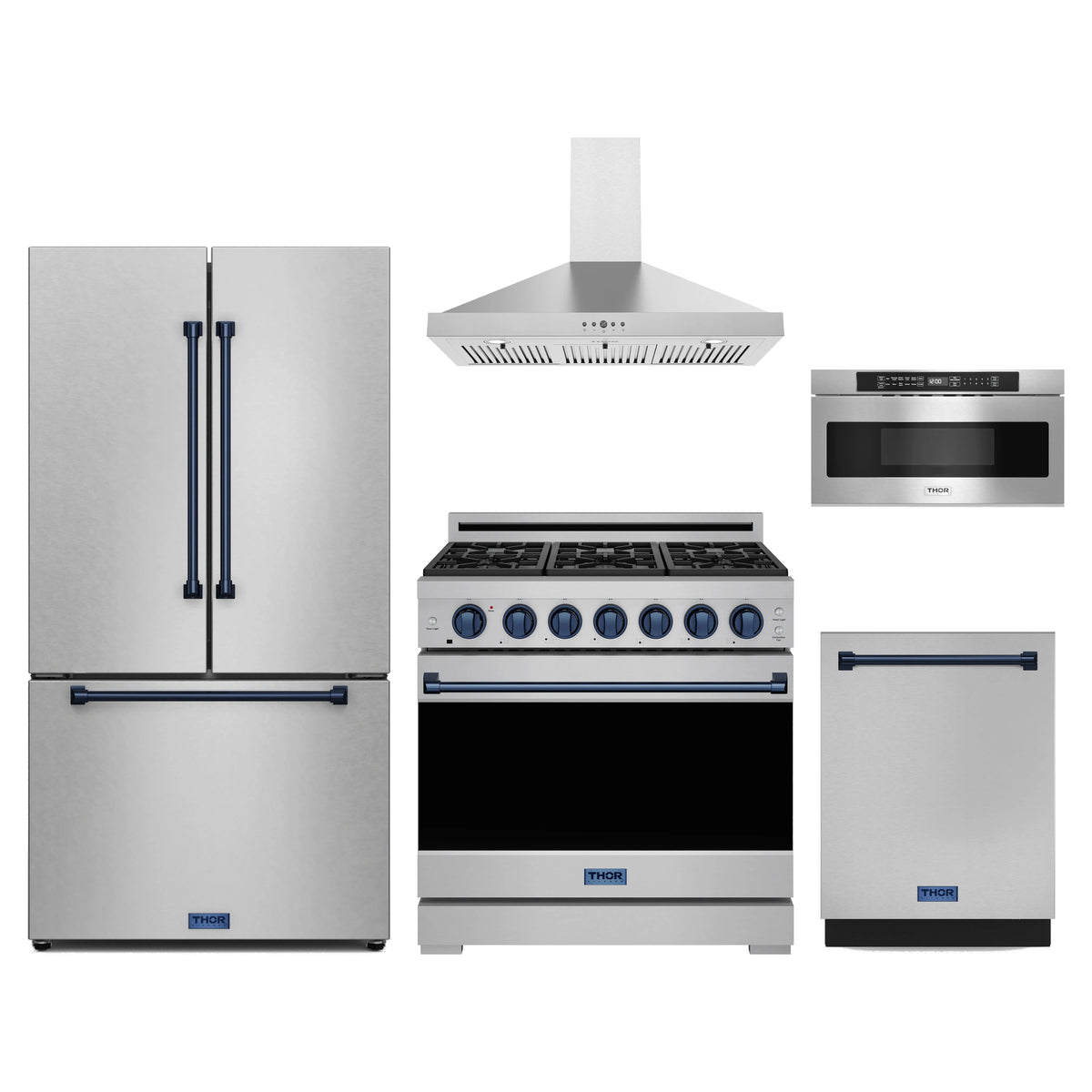 Gordon Ramsay by Thor Kitchen 5-Piece Appliance Package - 36-Inch Propane Gas Range, Counter-Depth Refrigerator, Wall Mount Hood, Dishwasher, & Microwave Drawer in Stainless Steel with Blue Trim