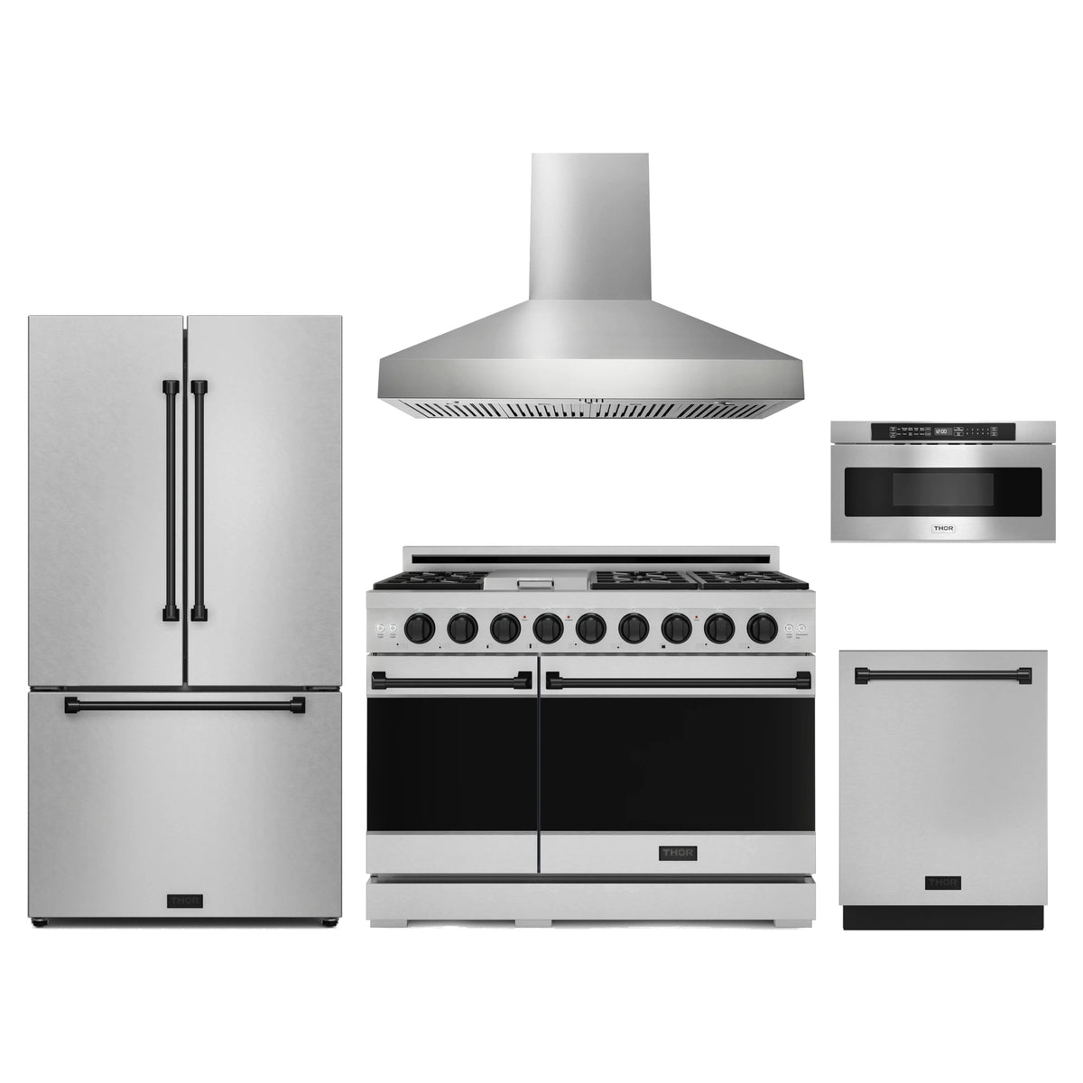 Gordon Ramsay by Thor Kitchen 5-Piece Appliance Package - 48-Inch Propane Gas Range, Counter-Depth Refrigerator, Wall Mount Hood, Dishwasher, & Microwave Drawer in Stainless Steel with Black Trim