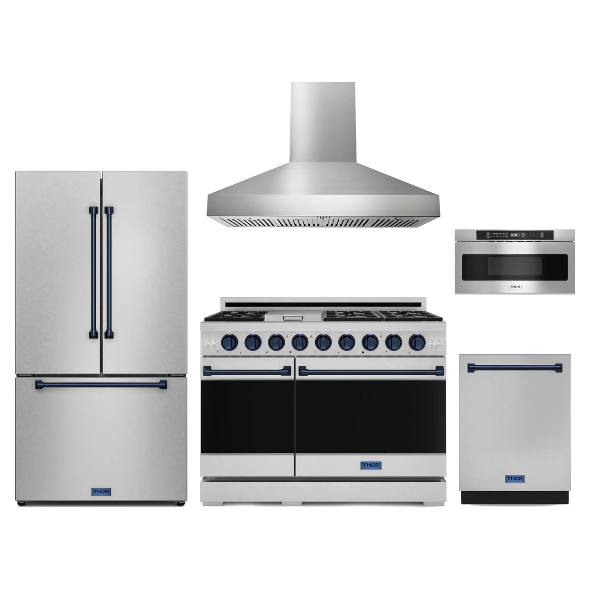 Gordon Ramsay by Thor Kitchen 5-Piece Appliance Package - 48-Inch Propane Gas Range, Counter-Depth Refrigerator, Wall Mount Hood, Dishwasher, & Microwave Drawer in Stainless Steel with Blue Trim