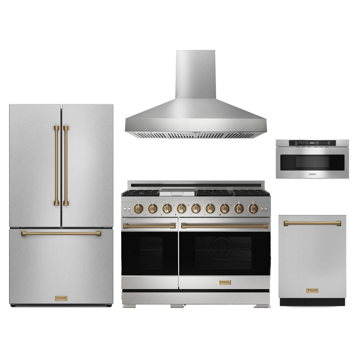 Gordon Ramsay by Thor Kitchen 5-Piece Appliance Package - 48-Inch Propane Gas Range, Counter-Depth Refrigerator, Wall Mount Hood, Dishwasher, & Microwave Drawer in Stainless Steel with Bronze Trim