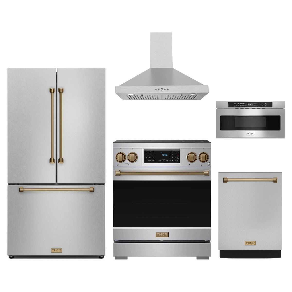 Gordon Ramsay by Thor Kitchen 5-Piece Appliance Package - 30-Inch Induction Range, Counter-Depth Refrigerator, Wall Mount Hood, Dishwasher, & Microwave Drawer in Stainless Steel with Bronze Trim