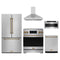 Gordon Ramsay by Thor Kitchen 5-Piece Appliance Package - 30-Inch Induction Range, Counter-Depth Refrigerator, Wall Mount Hood, Dishwasher, & Microwave Drawer in Stainless Steel with Bronze Trim