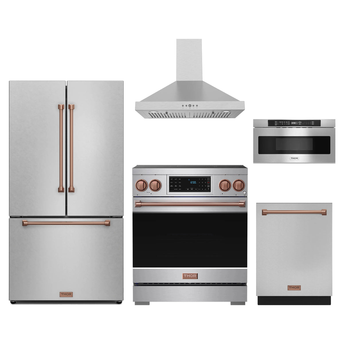 Gordon Ramsay by Thor Kitchen 5-Piece Appliance Package - 30-Inch Induction Range, Counter-Depth Refrigerator, Wall Mount Hood, Dishwasher, & Microwave Drawer in Stainless Steel with Rose Gold Trim