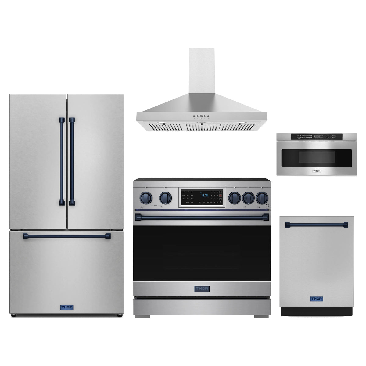 Gordon Ramsay by Thor Kitchen 5-Piece Appliance Package - 36-Inch Induction Range, Counter-Depth Refrigerator, Wall Mount Hood, Dishwasher, & Microwave Drawer in Stainless Steel with Blue Trim