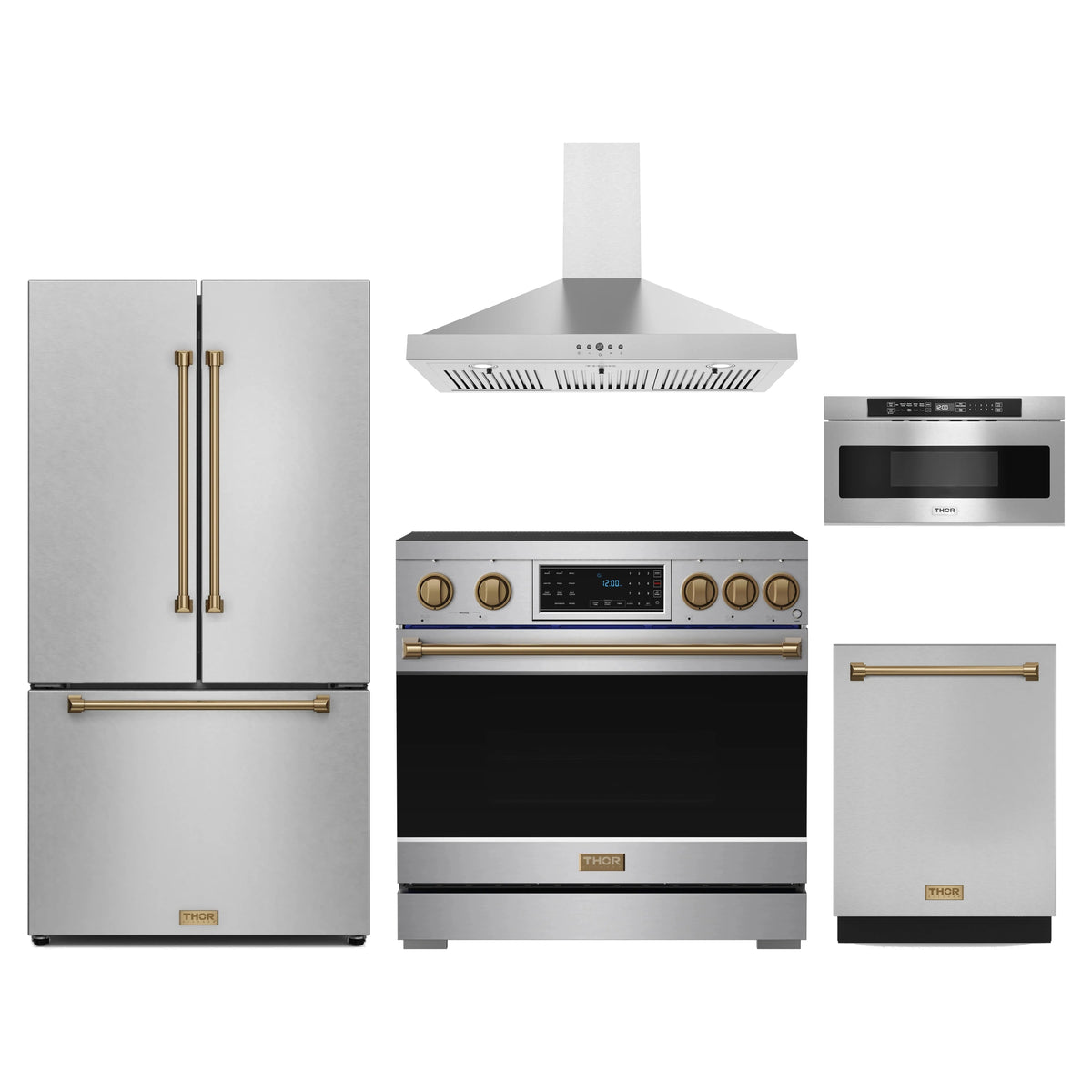 Gordon Ramsay by Thor Kitchen 5-Piece Appliance Package - 36-Inch Induction Range, Counter-Depth Refrigerator, Wall Mount Hood, Dishwasher, & Microwave Drawer in Stainless Steel with Bronze Trim