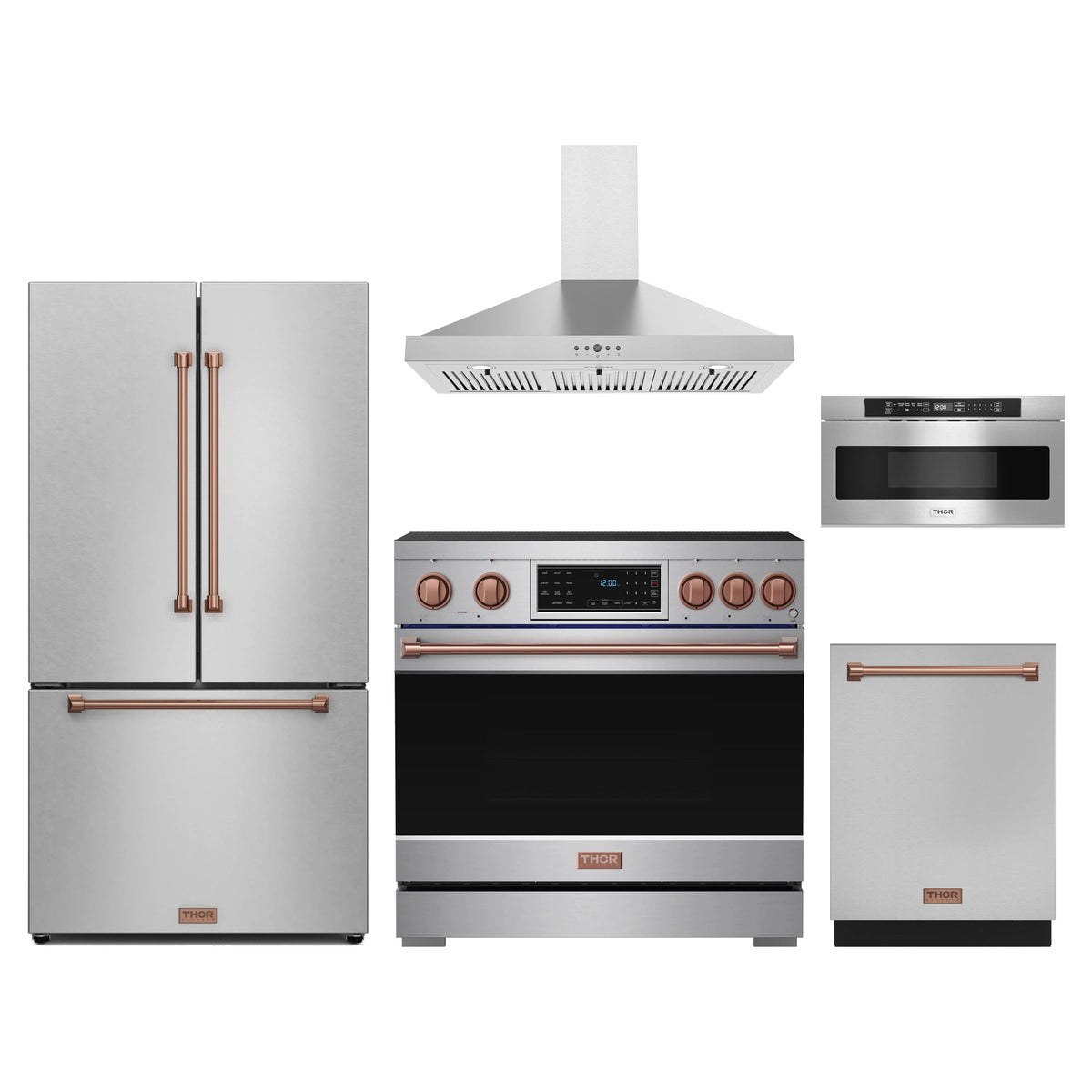 Gordon Ramsay by Thor Kitchen 5-Piece Appliance Package - 36-Inch Induction Range, Counter-Depth Refrigerator, Wall Mount Hood, Dishwasher, & Microwave Drawer in Stainless Steel with Rose Gold Trim