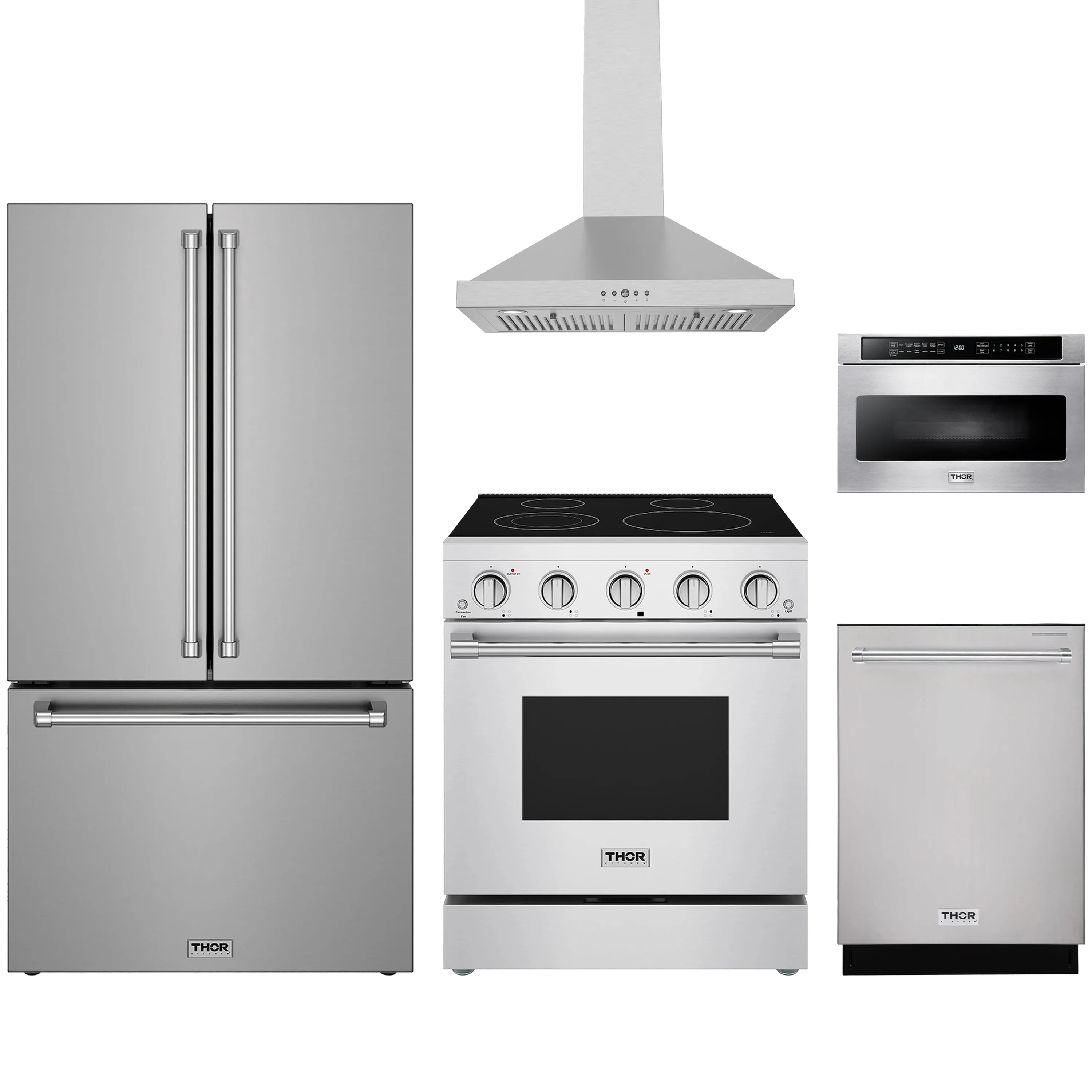 Stainless steel kitchen appliance package with electric range and wall hood, plus other units