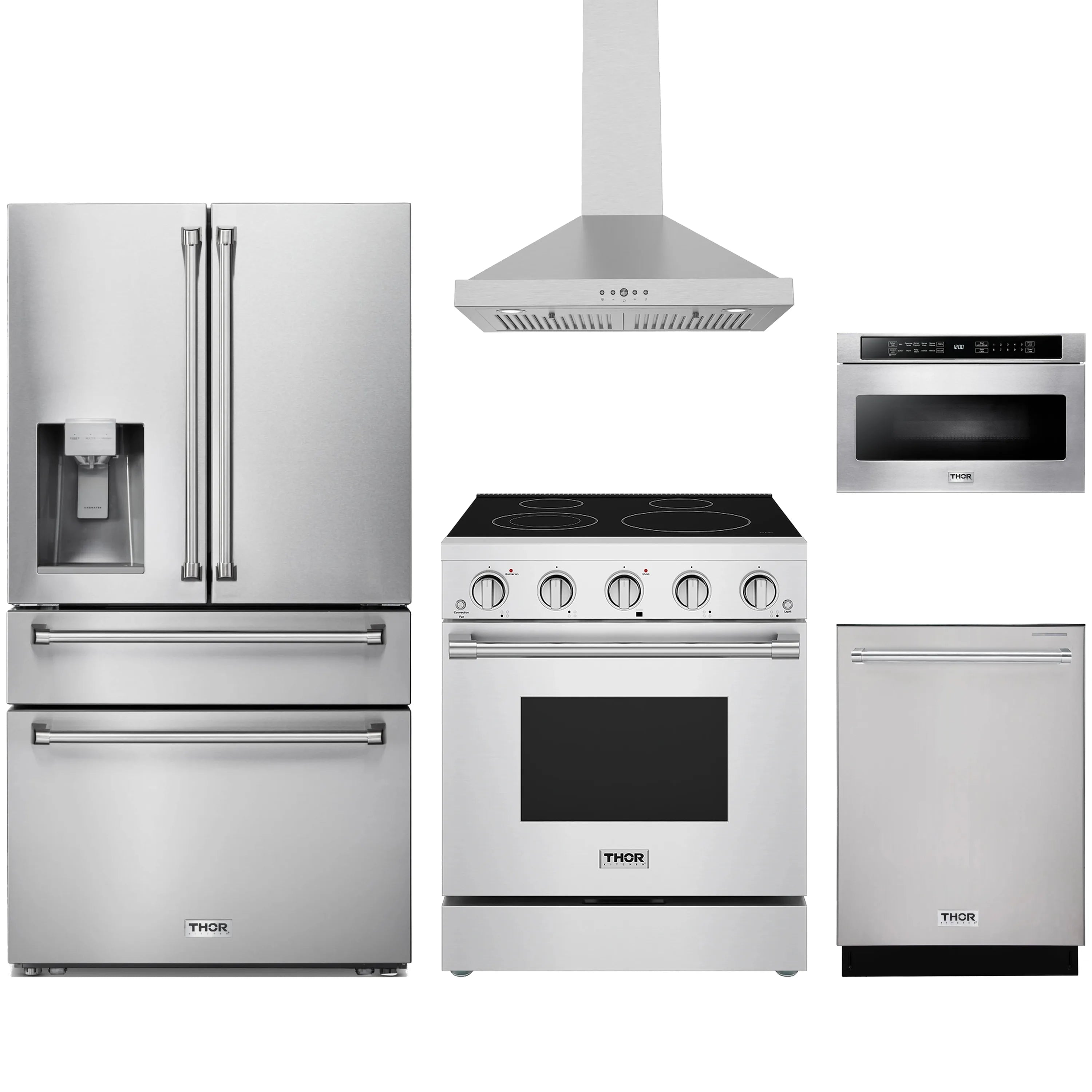 Stainless steel kitchen appliance set featuring refrigerator, range, wall hood, and dishwasher