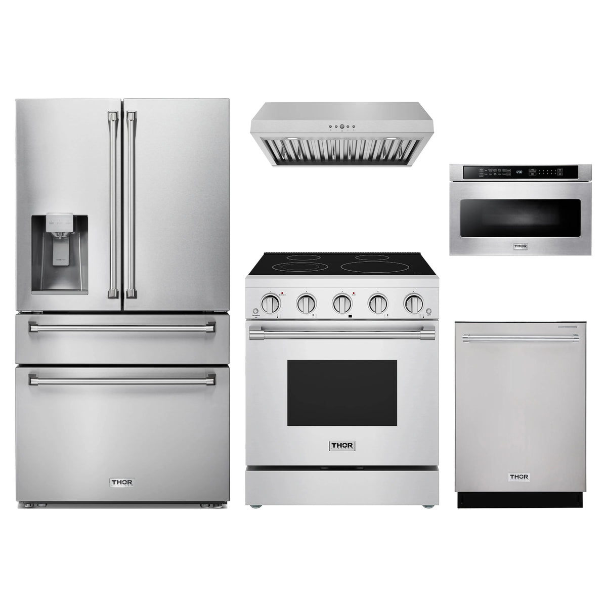 Thor Kitchen 5-Piece Appliance Package - 30-Inch Electric Range, Refrigerator with Water Dispenser, Under Cabinet Hood, Dishwasher, & Microwave Drawer in Stainless Steel