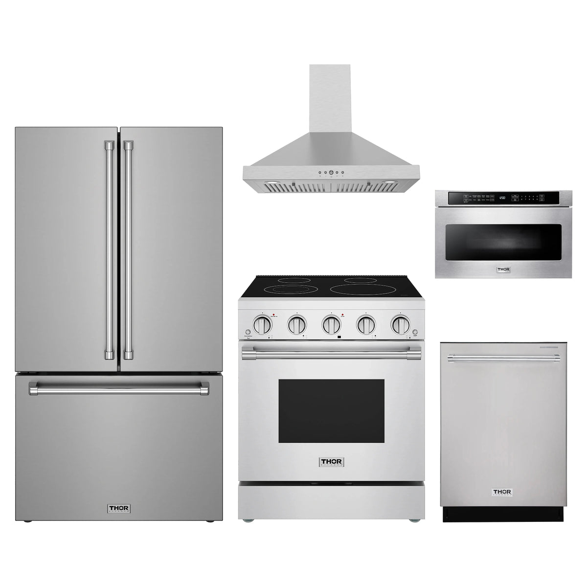 Thor Kitchen 5-Piece Appliance Package - 30-Inch Electric Range, Counter-Depth Refrigerator, Wall Mount Hood, Dishwasher, & Microwave Drawer in Stainless Steel