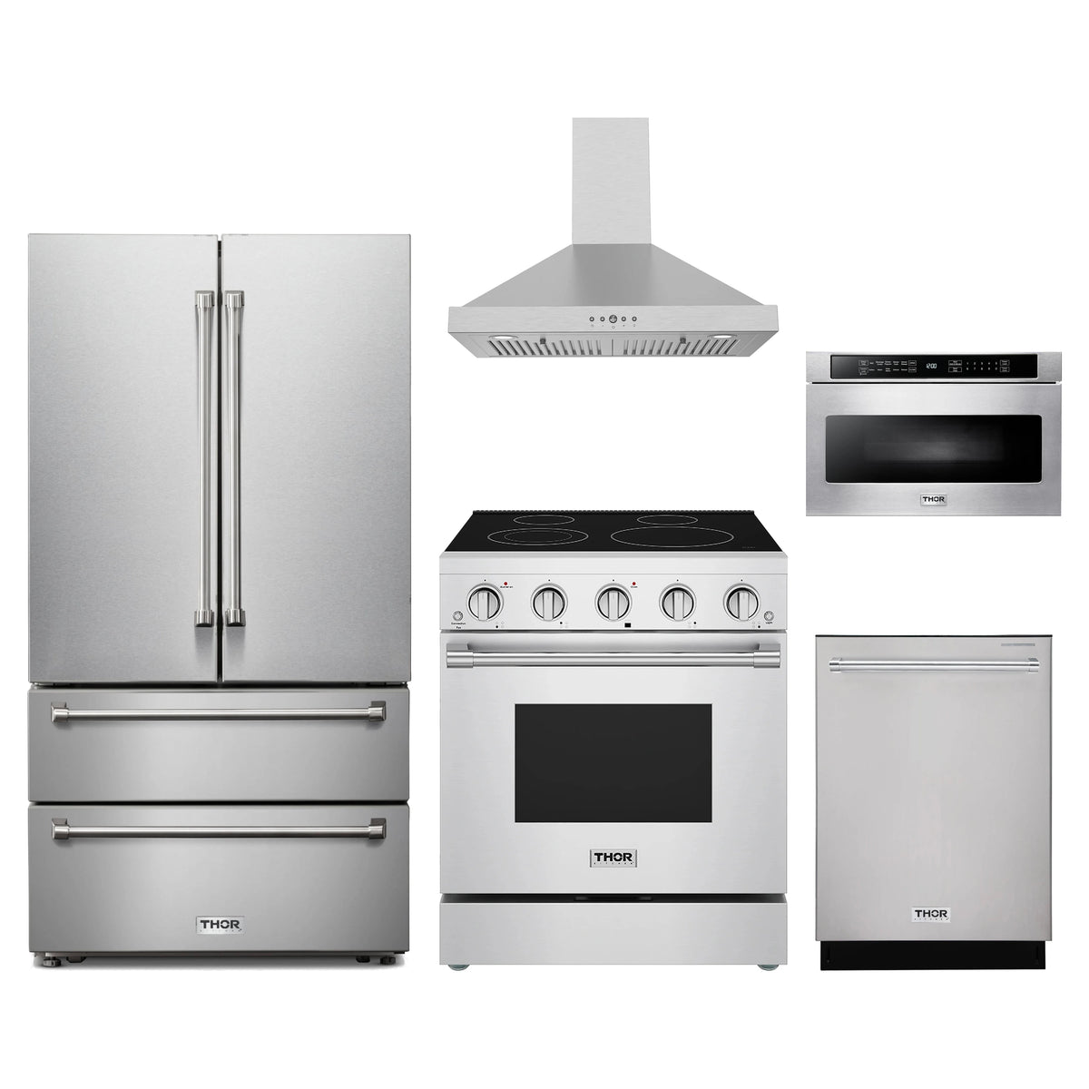 Thor Kitchen 5-Piece Appliance Package - 30-Inch Electric Range, French Door Refrigerator, Wall Mount Hood, Dishwasher, & Microwave Drawer in Stainless Steel