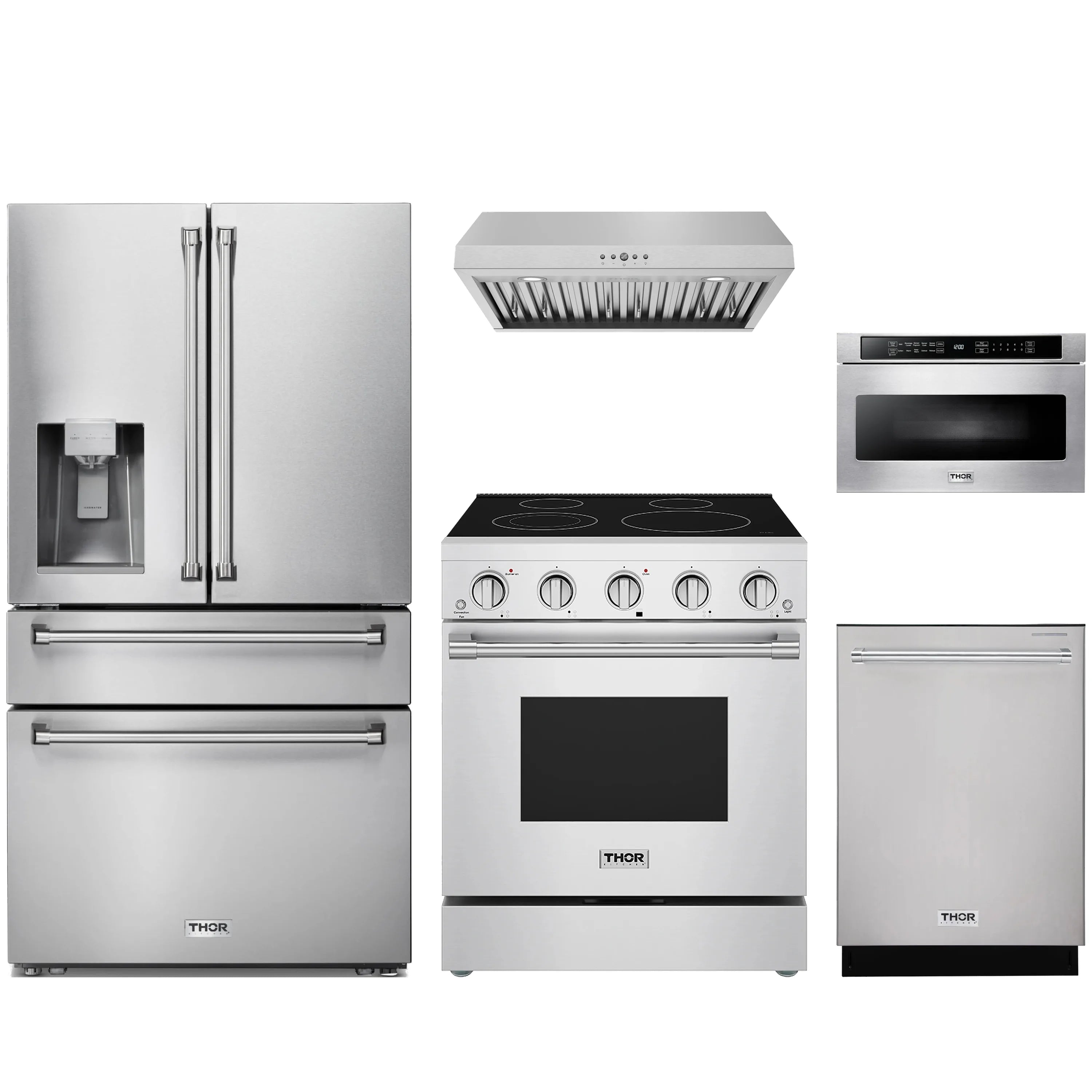 Stainless steel kitchen appliance package with refrigerator, range, hood, dishwasher, microwave